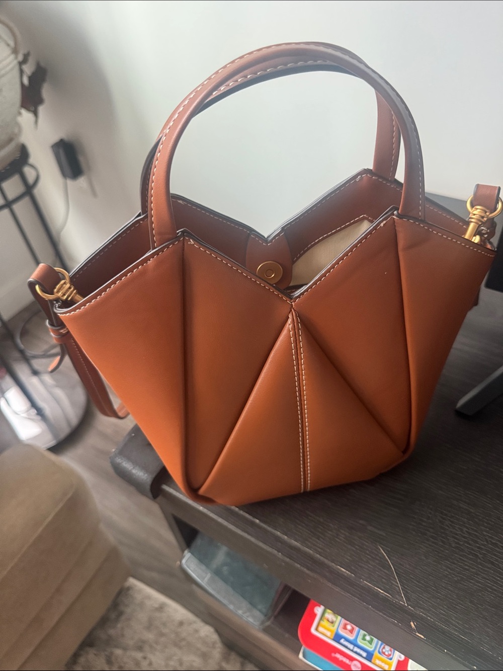 Women's Geometric Leather Zara Tote Bag in Cognac
